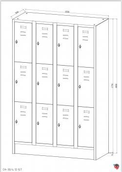 Stahl-Fächer-Schrank - 4 Abteile, 3 Fächer übereinander, auf Sockel. Anzahl der Fächer: 12, Fächer ohne Inneneinteilung. Abteilbreite 300 mm